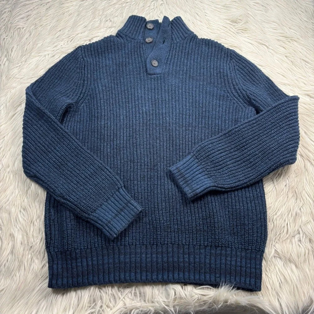 Banana Republic M Marled Blue Button Mock Neck Pullover Sweater Preppy Heritage